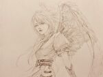  1girl breasts breath_of_fire breath_of_fire_ii commentary_request dress f25f feathered_wings highres long_hair looking_at_viewer monochrome nina_(breath_of_fire_ii) puffy_short_sleeves puffy_sleeves short_sleeves side_slit simple_background solo wings 