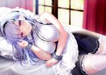  1girl anchor_ornament apron azur_lane bangs black_hairband black_skirt blurry blurry_background breasts center_frills clothing_cutout commentary_request depth_of_field dido_(azur_lane) eyebrows_visible_through_hair frilled_shirt frills hairband hand_up head_on_pillow indoors large_breasts long_hair looking_at_viewer lying on_bed on_side pillow pontaro18 purple_eyes shirt skirt sleeveless sleeveless_shirt solo thighhighs underboob underboob_cutout waist_apron white_apron white_legwear white_shirt wrist_cuffs zettai_ryouiki 