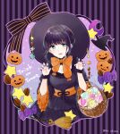  1girl :d bangs basket black_dress black_hair black_headwear blue_eyes bow braid candy coffee_beans coffee_wo_shizuka_ni commentary_request crescent dress eyebrows_visible_through_hair food halloween hands_up hat jack-o&#039;-lantern juliet_sleeves lollipop long_sleeves looking_at_viewer miyabi_akino nail_polish orange_bow puffy_sleeves purple_nails shizuka_(coffee_wo_shizuka_ni) sidelocks smile solo star_(symbol) striped striped_background striped_bow swirl_lollipop teeth trick_or_treat twitter_username upper_teeth vertical_stripes wide_sleeves witch_hat 