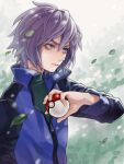  1boy bangs closed_mouth commentary_request from_side green_shirt hand_up holding holding_poke_ball jacket leaf leaves_in_wind male_focus murasaki_(fioletovyy) paul_(pokemon) poke_ball poke_ball_(basic) pokemon pokemon_(anime) pokemon_dppt_(anime) purple_eyes purple_hair shirt solo upper_body zipper_pull_tab 