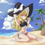  1girl arms_up bangs barefoot beach black_swimsuit blonde_hair blue_eyes blush bmkro bow braid breasts bush clear_sky cloud commentary_request grin hair_ribbon hands_on_headwear hat hat_bow hat_ribbon highres kirisame_marisa leaf long_hair looking_at_viewer medium_breasts navel ocean one_eye_closed palm_tree ribbon single_braid sitting sky smile solo stomach stone swimsuit thighs touhou tree tress_ribbon wariza white_bow white_ribbon witch_hat yellow_eyes 