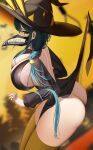  1girl absurdres ass azur_lane bareback blue_hair blurry blurry_background boise_(azur_lane) boise_(castle_tales)_(azur_lane) breasts butt_crack cleavage from_side halloween hat highres huge_breasts long_hair looking_at_viewer nicorima official_alternate_costume pelvic_curtain plague_doctor_mask solo thighhighs very_long_hair witch_hat yellow_eyes yellow_legwear 