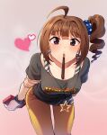 1girl ahoge arm_behind_back blue_scrunchie blue_shirt blush bracelet brown_hair closed_mouth commentary drill_hair eyebrows_visible_through_hair food foreshortening hair_ornament hair_scrunchie hand_on_own_arm heart holding idolmaster idolmaster_million_live! jewelry kamille_(vcx68) leaning_forward looking_at_viewer medium_hair necklace orange_pants pants pocky pocky_kiss print_scrunchie purple_eyes scrunchie shirt short_sleeves side_ponytail sidelocks solo standing star_(symbol) star_necklace star_print t-shirt tank_top white_shirt yokoyama_nao 