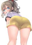  1girl alternate_costume ass ass_focus bent_over blue_eyes blush breasts brown_hair commentary_request drill_hair eyebrows_visible_through_hair from_behind gym_shirt gym_shorts gym_uniform hair_between_eyes hatakaze_(kancolle) hekomii highres kantai_collection looking_at_viewer looking_back open_mouth pantylines ponytail reward_available shirt shorts solo white_background 