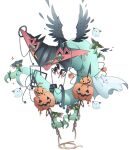  aru_(citrine_drplt) beads claws cloth commentary_request dragapult dreepy feathered_wings floating half-closed_eyes halloween highres holding jack-o&#039;-lantern jewelry looking_at_viewer no_humans pokemon pokemon_(creature) ring rope sparkle tongue tongue_out wings yellow_eyes 