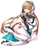  1girl absurdres aqua_eyes azure_striker_gunvolt bangs boots breasts brown_hair cleavage dress gunvolt_chronicles_luminous_avenger_ix headgear highres joints kei_(soundcross) large_breasts long_hair looking_at_viewer mechanical_arms mechanical_legs null_(luminous_avenger_ix) pelvic_curtain robot_joints smile solo thigh_boots thighhighs twintails white_dress white_footwear 