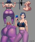  1girl absurdres ass backboob bangs barbell blue_hair breasts cellphone cleavage collarbone covered_navel covered_nipples dimples_of_venus exercise highres jin_yi_dui large_breasts leggings navel original pants phone purple_pants red_eyes short_hair smartphone squatting sweat toned weightlifting weights yoga_pants 