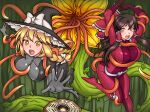  2girls belt blonde_hair bodysuit braid brown_eyes brown_hair carnivorous_plant commission commissioner_upload hair_ribbon hair_tubes hakurei_reimu hat highres imminent_vore injuotoko kirisame_marisa mini-hakkero multiple_girls open_mouth plant ribbon tentacles totally_spies touhou tress_ribbon witch_hat yellow_eyes 