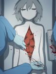  1boy 2others absurdres autopsy avogado6 blood blood_on_hands blood_splatter blue_gloves blue_headwear closed_eyes commentary gloves grey_hair guro heart highres holding holding_tray lying multiple_others on_back organs original solo_focus stitches surgeon surgery tray 