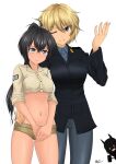  3girls absurdres ahoge black_hair blonde_hair blush brave_witches breasts brown_eyes brown_shorts edytha_rossmann eyebrows_visible_through_hair grey_eyes hand_on_another&#039;s_hip highres jealous large_breasts long_hair manaia_matawhaura_hato micro_shorts midriff military military_uniform multiple_girls navel one_eye_closed oryou_gunsou pants pantyhose parted_lips ponytail shiny shiny_hair short_hair shorts silhouette silhouette_demon simple_background small_breasts smile strike_witches uniform waltrud_krupinski white_background world_witches_series yuri 