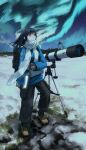  1girl absurdres aurora bangs blue_hair boots chinese_commentary commentary_request fasnakegod highres iizunamaru_megumu long_hair looking_up night red_eyes scarf scenery sky snow solo star_(sky) starry_sky telescope touhou 