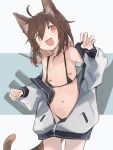  1girl :d ahoge animal_ear_fluff animal_ears bandaid bandaids_on_nipples bare_shoulders bikini black_bikini brown_eyes brown_hair cat_ears cat_tail claw_pose collarbone commission cowboy_shot eyebrows_visible_through_hair fang flat_chest hair_between_eyes hair_ornament hairclip highres hood hoodie ikazuchi_(kancolle) jacket kantai_collection kemonomimi_mode medium_hair micro_bikini midriff mikojin navel off_shoulder open_clothes open_jacket open_mouth pasties simple_background skeb_commission skin_fang sleeve_cuffs smile solo swimsuit tail white_hoodie 