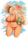  +_+ 1girl :d belly bikini blonde_hair blue_archive blush breasts cameltoe covered_nipples cropped_legs flower food front-tie_bikini front-tie_top fruit hair_ornament hairclip hat hat_flower havilaladlf hibiscus highres horns izumi_(blue_archive) large_breasts long_hair o-ring o-ring_bikini plump scrunchie side-tie_bikini smile straw_hat sunflower swimsuit tan very_long_hair watermelon wavy_hair wrist_scrunchie yellow_eyes 