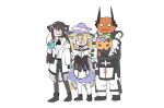  3girls :t animal_ears arknights ascot black_legwear blonde_hair brown_hair cat_ears cat_girl demon_girl demon_horns folinic_(arknights) fox_ears fox_girl fox_tail gloves halloween happy hat holding_hands horns kumamoto_aichi labcoat long_hair mudrock_(arknights) multiple_girls multiple_tails open_mouth oripathy_lesion_(arknights) pantyhose pumpkin shorts simple_background suzuran_(arknights) tail white_background white_legwear witch_hat 