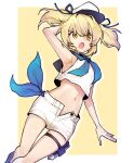  1girl :o armpits blonde_hair blue_bow blue_footwear blue_ribbon blue_sailor_collar bow commentary dutch_angle feet_out_of_frame gun hat kitashirakawa_chiyuri midriff navel no_socks open_fly ribbon sailor sailor_collar sailor_hat sea_scorpion_(umisasori) shirt short_hair short_shorts shorts sleeveless sleeveless_shirt stomach touhou touhou_(pc-98) twintails weapon white_shirt yellow_eyes 