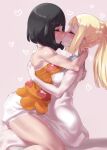  2girls black_hair blonde_hair blush breasts closed_eyes covered_nipples dress heart highres hug kiss lillie_(pokemon) long_hair medium_breasts mizuumi_(bb) multiple_girls orange_shirt pink_background pokemon pokemon_(game) pokemon_sm ponytail selene_(pokemon) shirt short_hair shorts simple_background sleeveless sleeveless_dress straddling sweat thighs white_dress white_shorts yuri 