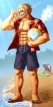  1boy abs adjusting_eyewear alternate_costume alternate_hair_length alternate_hairstyle ball bara beach beard blonde_hair bwanga casual dobito_mn dungeon_and_fighter facial_hair full_body grey_male_swimwear hawaiian_shirt highres holding holding_ball large_pectorals male_focus male_swimwear mature_male muscular muscular_male open_clothes open_shirt pectoral_cleavage pectorals red_shirt shirt short_hair solo stomach sunglasses sunlight swim_trunks volleyball water 