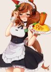  1girl alternate_costume animal_ears apron blush brown_hair carrot embarrassed enmaided food highres horse_ears horse_girl horse_tail krmrsn9603 maid maid_apron maid_headdress name_tag nice_nature_(umamusume) omurice tail tearing_up tray twintails umamusume wrist_cuffs 
