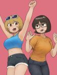  2girls :d absurdres armpits arms_up black-framed_eyewear black_eyes black_pants black_shorts blonde_hair blue_shirt bob_cut breasts brown_eyes brown_hair chanta_(ayatakaoisii) cowboy_shot crop_top eyewear_on_head glasses hands_up highres jitome large_breasts legs_together looking_at_viewer medium_hair multiple_girls navel orange_shirt original pants pink_background purple-tinted_eyewear rectangular_eyewear shirt short_shorts shorts simple_background smile sunglasses tinted_eyewear white-framed_eyewear 