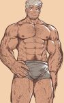  1boy abs arm_hair bara beard boxers bulge chest_hair dark-skinned_male dark_skin dobito_mn facial_hair feet_out_of_frame grey_male_underwear hairy highres large_pectorals leg_hair looking_at_viewer male_focus male_underwear mature_male muscular muscular_male navel navel_hair nipples original pectorals short_hair sideburns silver_hair smile solo stomach stubble thick_thighs thighs topless_male underwear underwear_only veins 