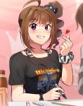  1girl ahoge bangs black_shirt blurry blurry_foreground bottle bracelet brown_hair commentary depth_of_field drill_hair eyebrows_visible_through_hair grin heart holding holding_marker idolmaster idolmaster_million_live! jewelry kamille_(vcx68) looking_at_viewer marker medium_hair necklace pointing pointing_at_self print_shirt purple_eyes scrunchie shirt side_drill side_ponytail sidelocks smile solo_focus t-shirt tank_top upper_body white_scrunchie white_shirt wrist_scrunchie yokoyama_nao 