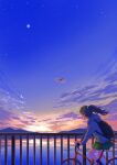  1girl absurdres backpack bag bicycle bug cloud dragonfly dusk evening facing_away ground_vehicle highres jacket original ponytail reflection riding_bicycle santo_moco scenery skirt sky solo star_(sky) starry_sky water 