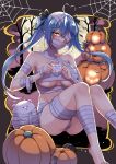  1girl animal bandages bare_shoulders barefoot black_ribbon blue_hair breasts facial_hair hair_ribbon heart heart_hair heart_hands highres hololive jack-o&#039;-lantern large_breasts long_hair looking_at_viewer mibry_(phrysm) moon mummy_costume mustache naked_bandage one_eye_covered pumpkin ribbon silk solo spider_web tree twintails underboob virtual_youtuber yellow_eyes yukihana_lamy 