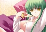  arm_up breasts c.c. cheese_trail code_geass dress_shirt eating food green_hair holding_pizza long_hair medium_breasts no_bra open_clothes open_shirt pizza shirt sitting slice_of_pizza solo yellow_eyes zinno 