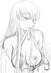  bangs breasts c.c. code_geass greyscale large_breasts long_hair monochrome mouth_hold scar solo 