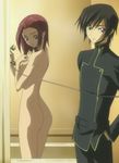  1girl ashford_academy_uniform ass blue_eyes clothed_male_nude_female code_geass kallen_stadtfeld lelouch_lamperouge long_sleeves nude screencap showering stitched third-party_edit 