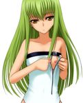  40010prototype bangs bare_shoulders breasts c.c. code_geass green_hair long_hair nipples small_breasts solo undressing yellow_eyes zipper 