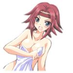  arm_at_side blue_eyes blush breasts cleavage code_geass collarbone covering dutch_angle embarrassed headband holding holding_towel kallen_stadtfeld large_breasts looking_at_viewer nude red_hair short_hair simple_background solo tamagawa_yukimaru towel upper_body v-shaped_eyebrows white_background 
