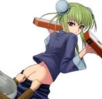  1girl 40010prototype ass assisted_exposure bangs c.c. child chinese_clothes code_geass food green_hair looking_back mao_(code_geass) no_panties pants_pull pizza pizza_hut product_placement pulled_by_another standing 