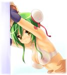  against_wall akamaru armpits arms_up bra breasts bun_cover cleavage covered_nipples double_bun green_hair hairpods leaning_forward lingerie medium_breasts poring ragnarok_online see-through solo tattoo torso_grab underwear yellow_eyes 