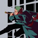  1boy drawing_sword earrings from_side green_hair holding holding_sword holding_weapon jewelry male_focus obobkkp one_piece roronoa_zoro sash scar scar_across_eye short_hair solo sword weapon 