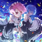  2girls bangs blue_hair blunt_bangs detached_sleeves frilled_sleeves frills hair_over_one_eye highres holding_hands maid maid_headdress midair multiple_girls petals pink_eyes pink_hair ram_(re:zero) re:zero_kara_hajimeru_isekai_seikatsu rem_(re:zero) ribbon roswaal_mansion_maid_uniform short_hair siblings sisters smile v yuzouni 