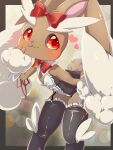  1girl :3 animal_ears animal_nose bare_shoulders black_legwear black_sclera blurry blush body_fur bokeh border bow bowtie brown_border brown_fur buttons closed_mouth clothed_pokemon colored_sclera commentary_request depth_of_field flat_chest frilled_legwear frilled_leotard frills furry furry_female garter_straps hair_bow hand_to_own_mouth hand_up happy heart highres kakiikada leaning_forward leotard looking_to_the_side lopunny multicolored_leotard outside_border playboy_bunny pokemon pokemon_(creature) rabbit_ears rabbit_girl rabbit_tail red_bow red_bowtie red_eyes smile solo standing tail thighhighs two-tone_fur white_fur wrist_cuffs 