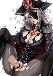 1girl black_legwear blindfold blush boots breasts cleavage clothing_aside dahut_(fate) disembodied_penis eyebrows_visible_through_hair eyepatch fate/grand_order fate_(series) francis_drake_(fate) grey_hair hat highres large_breasts light_purple_hair long_hair pale_skin penis pirate_hat sanmotogoroo sex simple_background sitting smile solo spread_legs thigh_boots thighhighs torn_clothes torn_legwear trembling vaginal white_background yellow_eyes 