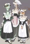  3girls absurdres apron black_dress black_footwear breasts choker cleavage closed_mouth dress furry highres juliet_sleeves kame_(3t) lizard_tail long_sleeves maid maid_headdress multiple_girls orange_eyes original own_hands_together puffy_sleeves reptile_girl scales slit_pupils smile standing tail white_apron white_legwear 