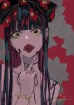  1girl bangs black_hair black_nails blunt_bangs eyelashes face fangs fingernails lam_(ramdayo) long_hair multicolored_eyes multicolored_hair nail_polish open_mouth original second-party_source simple_background solo tongue tongue_out yellow_eyes 