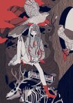  1girl absurdres animal_skull bangs bird bone commentary deer_antlers deer_skull eagle highres hood hoodie long_hair mitsuki_sanagi original red_background red_eyes red_legwear skeleton socks tree 