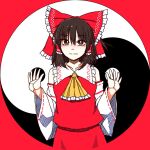  1girl blush bow bright_pupils brown_eyes brown_hair closed_mouth commentary_request detached_sleeves frilled_bow frills hair_bow hair_tubes hakurei_reimu hands_up highres long_sleeves looking_at_viewer medium_hair red_bow red_shirt red_skirt shirt skirt sleeveless sleeveless_shirt solo touhou white_pupils wide_sleeves yassy 