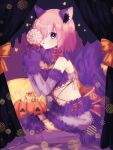  1girl alternate_costume animal_costume animal_ears bare_shoulders blush bow candy commentary_request curtains detached_sleeves eyebrows_visible_through_hair fake_animal_ears fake_tail fate/grand_order fate_(series) food fur-trimmed_gloves fur-trimmed_sleeves fur_collar fur_trim gloves hair_over_one_eye halloween halloween_costume harukappa highres holding holding_candy holding_food holding_lollipop jack-o&#039;-lantern licking lollipop looking_at_viewer mash_kyrielight mash_kyrielight_(dangerous_beast) navel official_alternate_costume one_eye_covered pink_hair pumpkin purple_eyes purple_gloves purple_tail red_bow revealing_clothes seiza short_hair sitting solo tail wolf_costume wolf_ears wolf_girl wolf_tail 