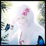  1boy arm_at_side bangs black_border black_butterfly blue_butterfly border bug butterfly choker collarbone commentary_request danganronpa_(series) danganronpa_2:_goodbye_despair flower gradient gradient_background grey_eyes hair_between_eyes hand_up hat hat_flower highres hood hood_up komaeda_nagito looking_at_viewer male_focus plant print_shirt red_flower shirt short_sleeves smile solo white_choker white_shirt zi_(murasaki0615) 