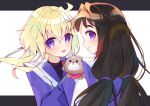  2girls 2y_(tsuyu) black_hair black_shirt dog eyebrows_visible_through_hair floating_hair gundam gundam_build_divers gundam_build_divers_re:rise jacket long_hair looking_at_viewer looking_back low_twintails multicolored_clothes multicolored_jacket multiple_girls open_mouth purple_eyes purple_jacket shirt smile twintails two-tone_jacket white_jacket 