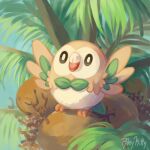  bird coconut commentary day english_commentary full_body looking_up no_humans open_mouth outdoors palm_tree pokemon pokemon_(creature) rileykitty rowlet signature solo standing tongue tree 