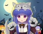  &gt;_&lt; 3girls :d ^_^ animal_hands bangs bat blonde_hair blue_hair blunt_bangs candy center_frills chibi closed_eyes commentary_request eyebrows_visible_through_hair fake_horns fang food frilled_shirt_collar frills full_moon furude_rika gaou_(babel) gloves hairband halloween hanyuu heart heart_in_eye higurashi_no_naku_koro_ni horns houjou_satoko lollipop long_hair looking_at_viewer moon multiple_girls night paw_gloves paw_pose purple_eyes short_hair smile solo_focus swirl_lollipop symbol_in_eye translated v-shaped_eyebrows xd 