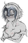  1girl after_sex ahoge bangs bare_shoulders blush breasts collarbone embarrassed eyebrows_visible_through_hair fate/grand_order fate_(series) greyscale headpiece hickey highres jeanne_d&#039;arc_(alter)_(fate) jeanne_d&#039;arc_(fate) lipstick_mark looking_at_viewer monochrome off_shoulder open_clothes sanmotogoroo shirt short_hair simple_background solo trembling white_background 