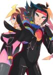  1boy 1girl 2y_(tsuyu) absurdres back-to-back black_bodysuit black_hair bodysuit breasts brown_eyes brown_hair clenched_hand domon_kasshu g_gundam gundam headband highres looking_at_viewer looking_back medium_breasts mobile_trace_suit open_hand pilot_suit pink_bodysuit rain_mikamura red_headband sanpaku short_hair skin_tight smile 