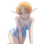  1girl bare_shoulders blue_nightgown breasts commentary_request elf gensou_suikoden gensou_suikoden_iv green_eyes ham_pon highres kneeling looking_at_viewer medium_breasts nightgown off_shoulder orange_hair paula_(suikoden) pointy_ears short_hair simple_background sleepwear solo white_background 